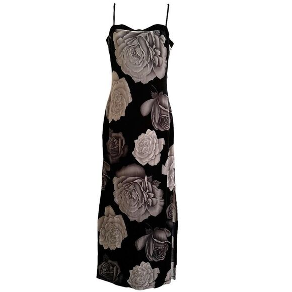Metallic Y2K Rose Floral Velvety Size Medium Cami Bodycon Flowy Maxi Dress - Picture 2 of 8